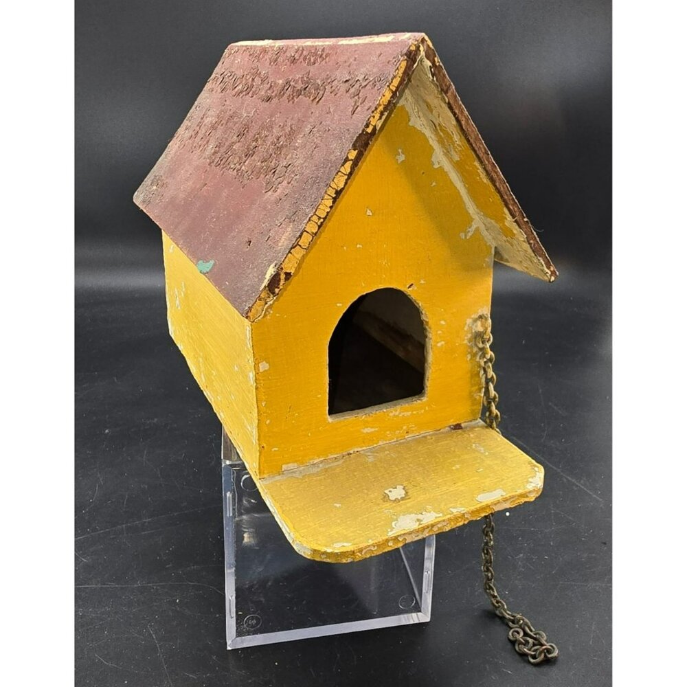 Vintage Yellow & Burgundy Wooden Birdhouse Rustic Distressed Decor CM2243